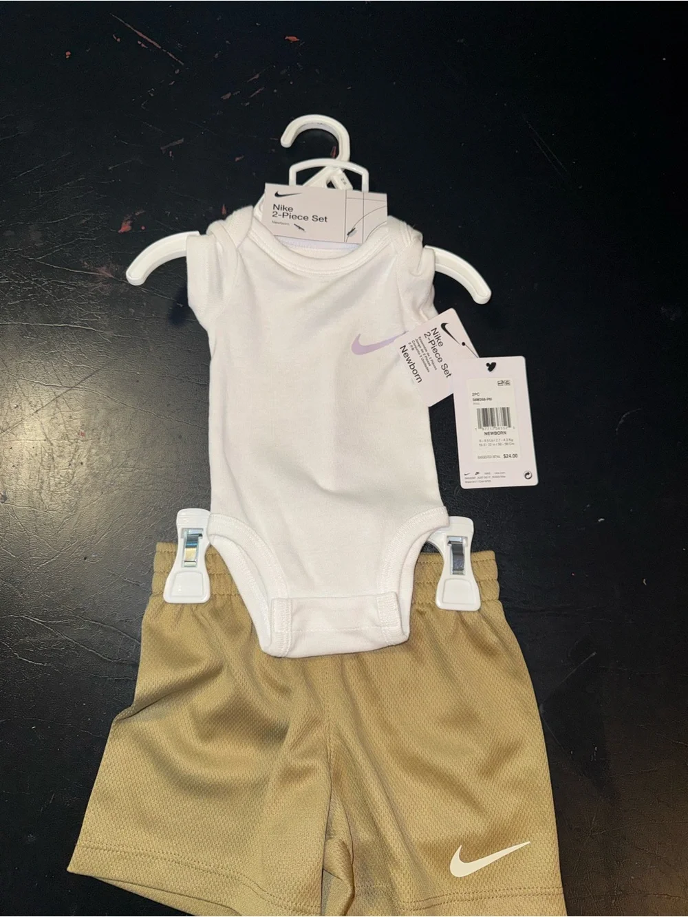 Nike White Bodysuit with Lavender Swoosh & Tan Shorts